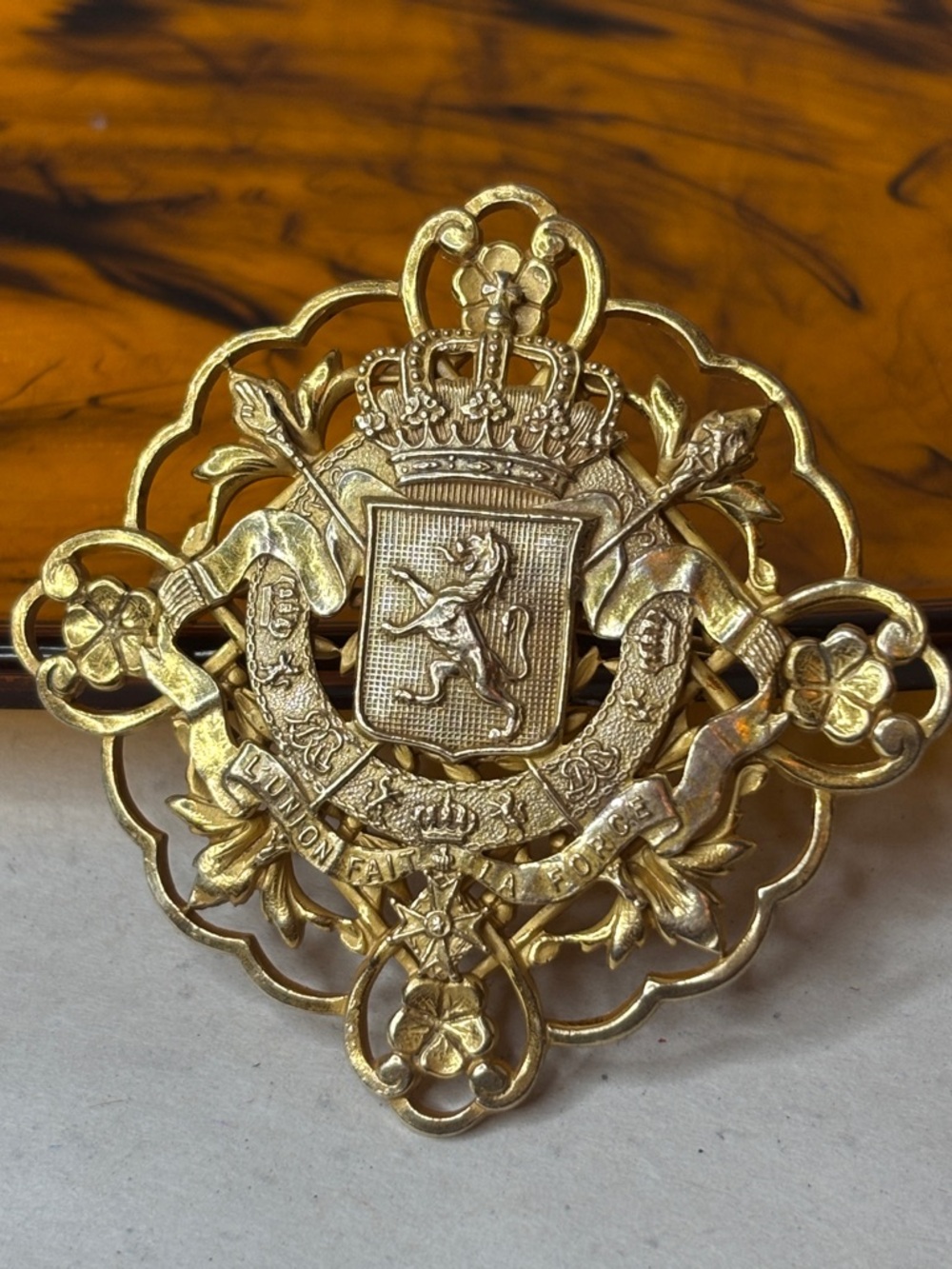 Miriam Haskell Vintage Belgian Coat of Arms Gold Tone Crest Brooch